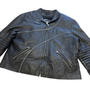 Damu Black Leather Motorcycle Jacket Asymmetric Zip Padded Biker Womens 2XL